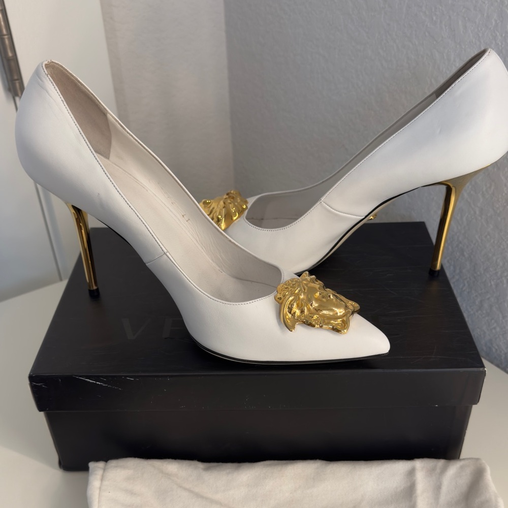 Versace White Heels with Gold Medusa Accent - Picture 5 of 7